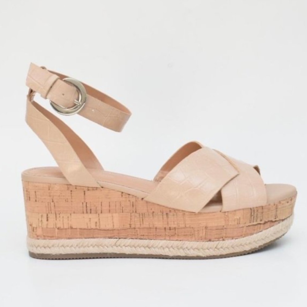 New MARC FISHER Carlin 2 Tan Crock Platform Cork Wedge Sandals Woman’s 10